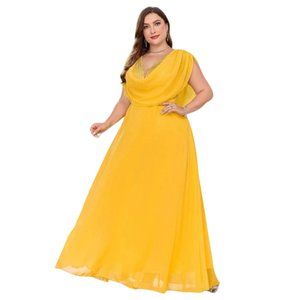 Yellow Draped Collar Chiffon Dress